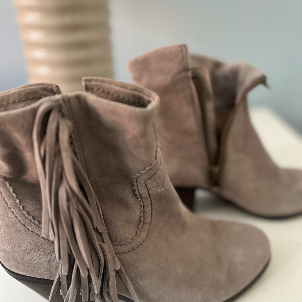 Sam Edelman Taupe Suede Fringe Ankle Boots